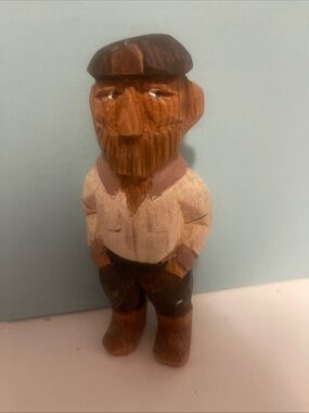 Source Unknown Hand-Carved Folk Man Figurine in Brown & Cream